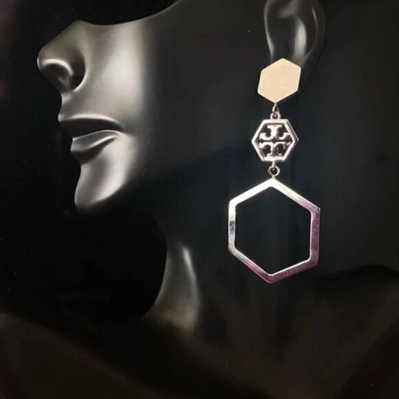 NWOT Tory Burch Silver Hexagon Dangle Stud Earrings - Picture 5 of 6
